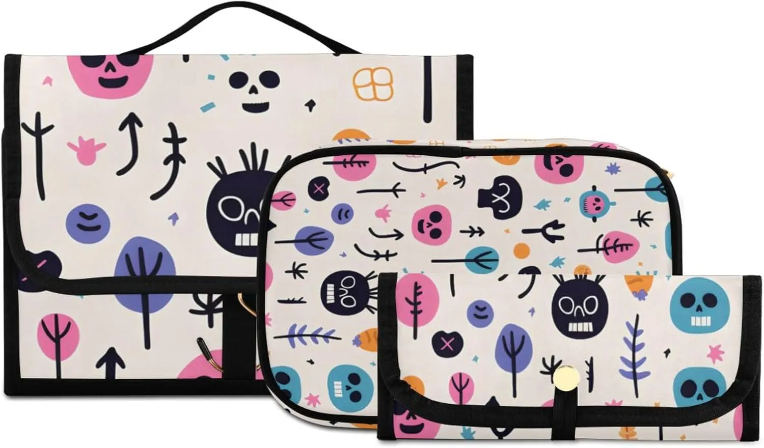 Foldable Hanging Travel Toiletry Organizer Set 3-Piece with Cosmetic Bag & Brush Holder - Cute Skull (1)