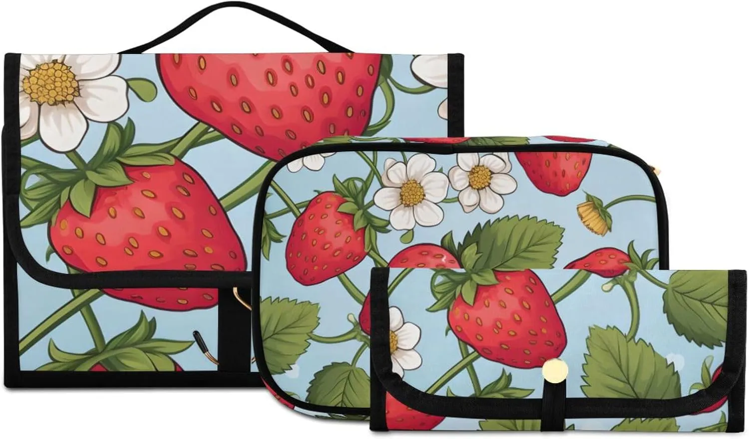 Foldable Hanging Travel Toiletry Organizer Set 3-Piece with Cosmetic Bag & Brush Holder - Cute Strawberry (8)