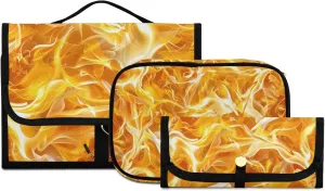 Foldable Hanging Travel Toiletry Organizer Set 3-Piece with Cosmetic Bag & Brush Holder - Flame Pattern
