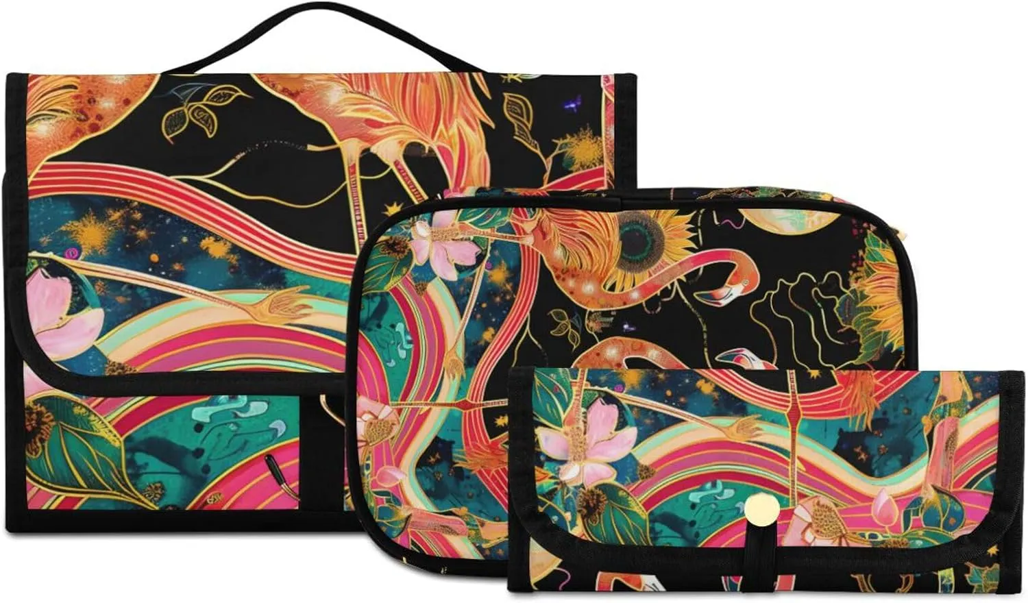 Foldable Hanging Travel Toiletry Organizer Set 3-Piece with Cosmetic Bag & Brush Holder - Flamingo (3)