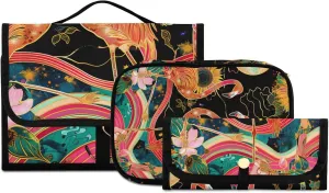 Foldable Hanging Travel Toiletry Organizer Set 3-Piece with Cosmetic Bag & Brush Holder - Flamingo (3)