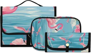 Foldable Hanging Travel Toiletry Organizer Set 3-Piece with Cosmetic Bag & Brush Holder - Flamingo (6)