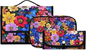 Foldable Hanging Travel Toiletry Organizer Set 3-Piece with Cosmetic Bag & Brush Holder - Flower (17)
