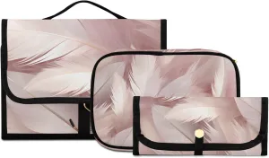 Foldable Hanging Travel Toiletry Organizer Set 3-Piece with Cosmetic Bag & Brush Holder - Gold Rose Feather
