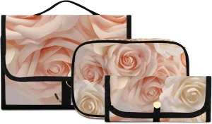 Foldable Hanging Travel Toiletry Organizer Set 3-Piece with Cosmetic Bag & Brush Holder - Gold Rose Flower