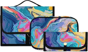 Foldable Hanging Travel Toiletry Organizer Set 3-Piece with Cosmetic Bag & Brush Holder - Marble (1)