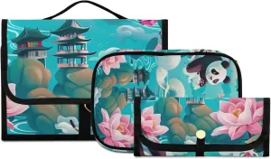 Foldable Hanging Travel Toiletry Organizer Set 3-Piece with Cosmetic Bag & Brush Holder - Panda (25)