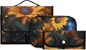 Foldable Hanging Travel Toiletry Organizer Set 3-Piece with Cosmetic Bag & Brush Holder - Sunflowers under The Starry Sky