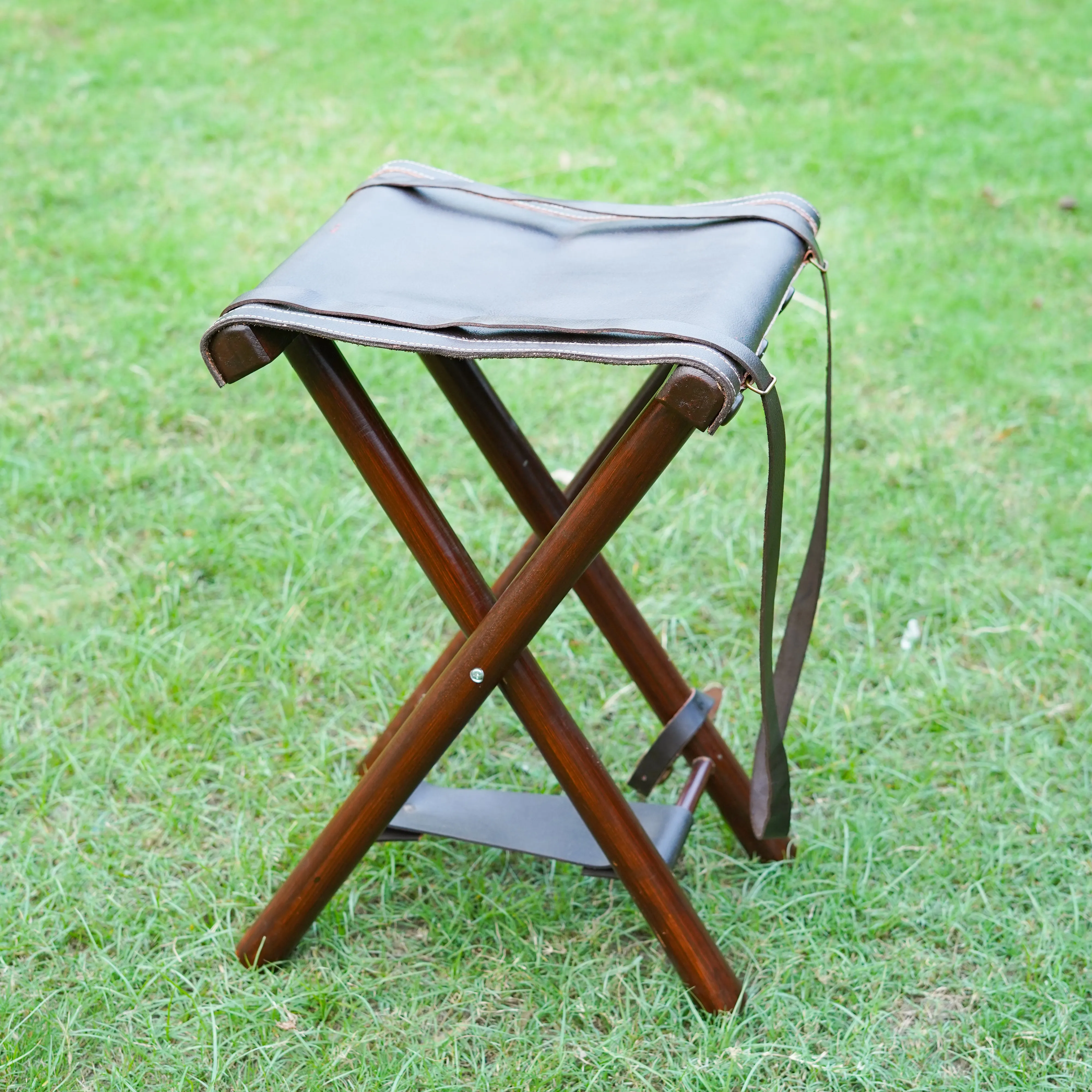 Foldable Leather Camping Stool With Adjustable Leather Strap
