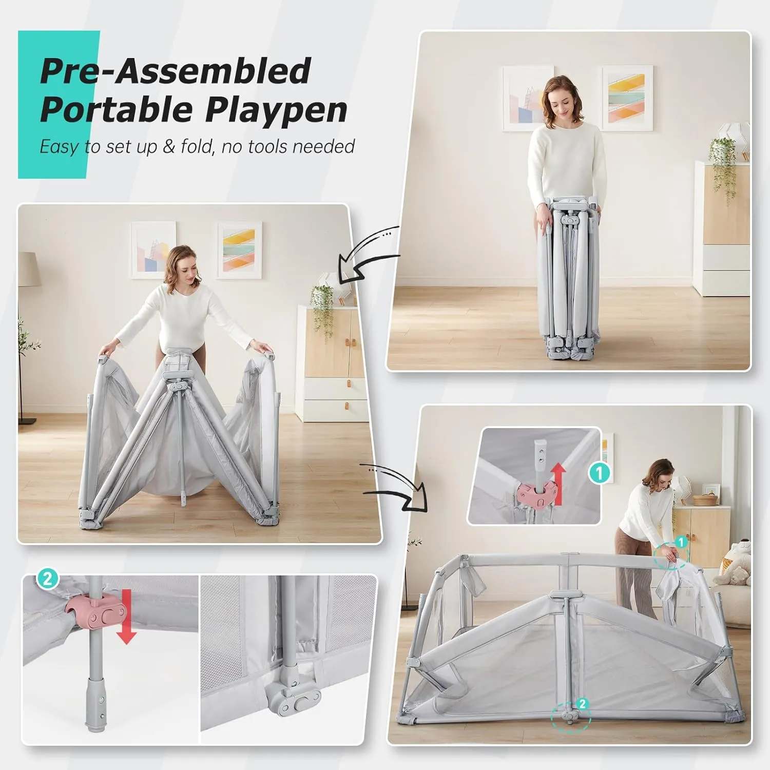 Foldable Playpen for Babies and Toddlers, 71x71 Inches Heavy-Duty Playpen with Door, Kids Collapsible Play Pen with Thickened Padding Indoor & Outdoor Baby Fence Play Area with Visible Mesh, Gray