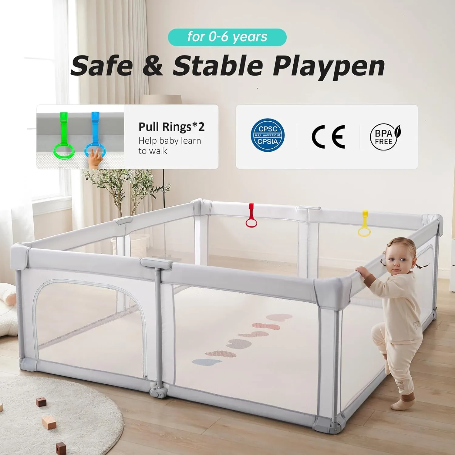 Foldable Playpen for Babies and Toddlers, 71x71 Inches Heavy-Duty Playpen with Door, Kids Collapsible Play Pen with Thickened Padding Indoor & Outdoor Baby Fence Play Area with Visible Mesh, Gray