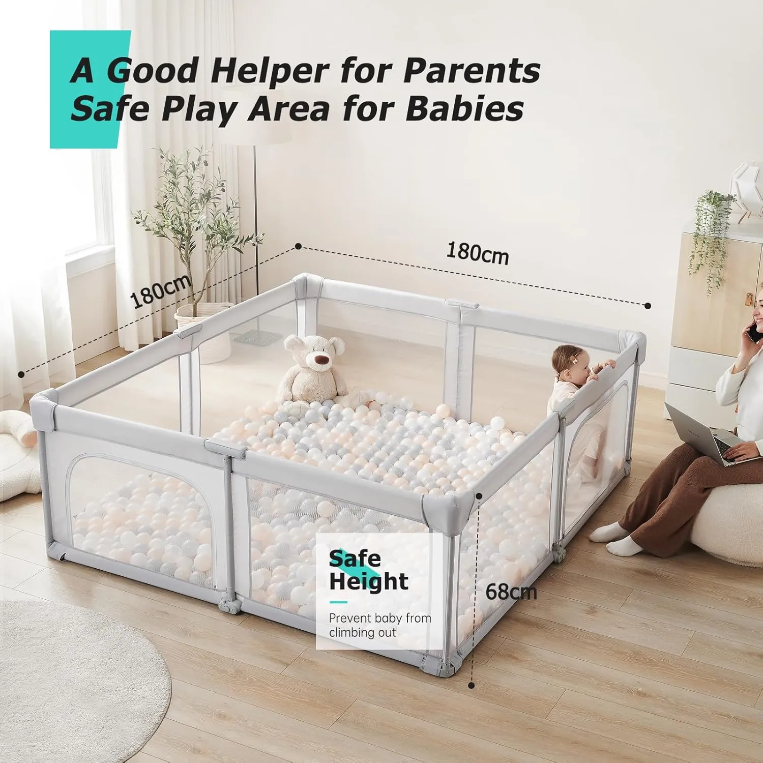 Foldable Playpen for Babies and Toddlers, 71x71 Inches Heavy-Duty Playpen with Door, Kids Collapsible Play Pen with Thickened Padding Indoor & Outdoor Baby Fence Play Area with Visible Mesh, Gray