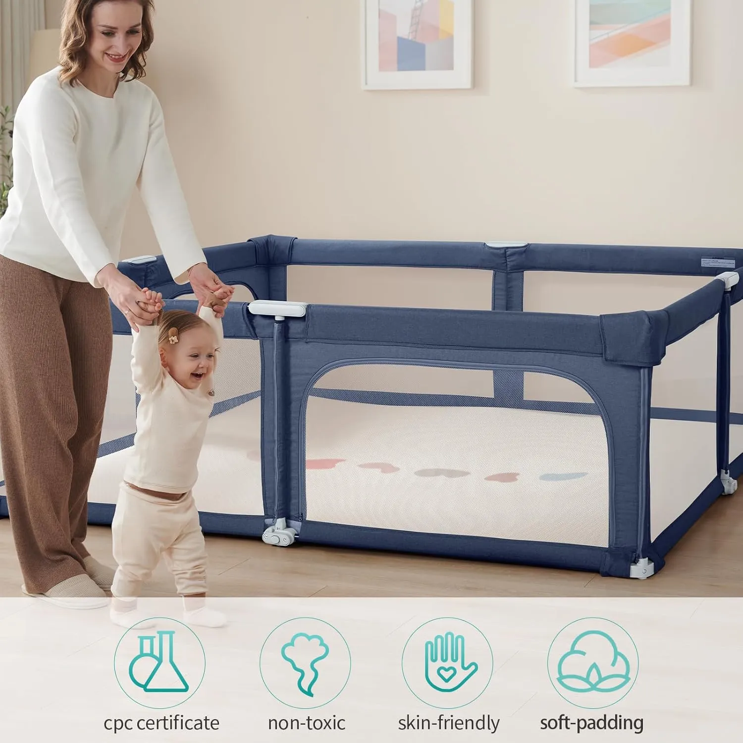 Foldable Playpen for Babies and Toddlers, 71x71 Inches Heavy-Duty Playpen with Door, Kids Collapsible Play Pen with Thickened Padding Indoor & Outdoor Baby Fence Play Area with Visible Mesh, Navy Blue