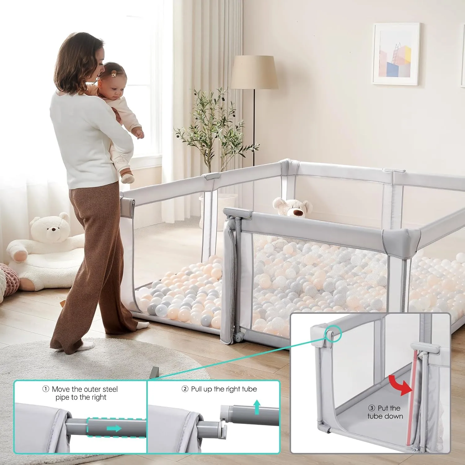 Foldable Playpen for Babies and Toddlers, 71x71 Inches Heavy-Duty Playpen with Door, Kids Collapsible Play Pen with Thickened Padding Indoor & Outdoor Baby Fence Play Area with Visible Mesh, Navy Blue