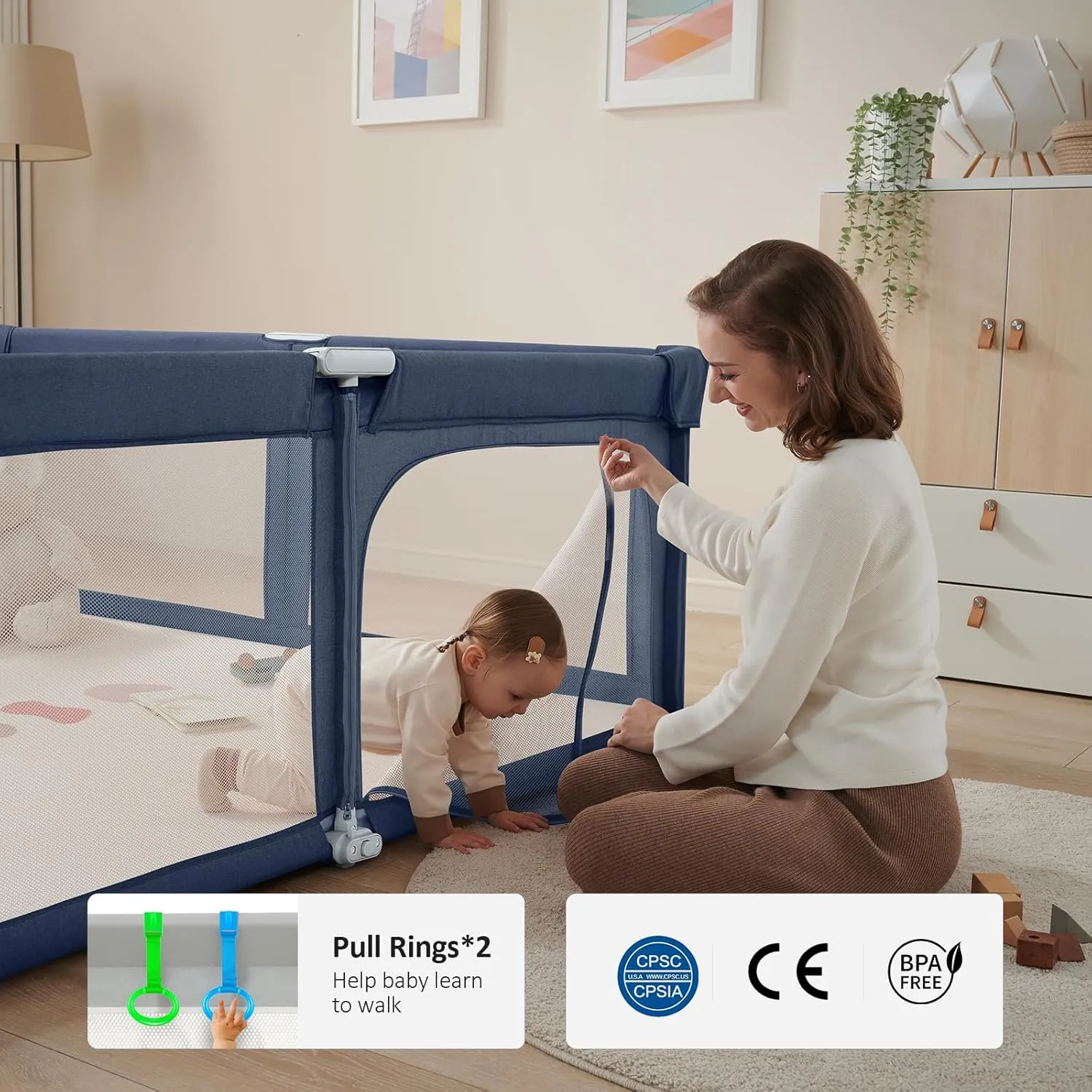 Foldable Playpen for Babies and Toddlers, 71x71 Inches Heavy-Duty Playpen with Door, Kids Collapsible Play Pen with Thickened Padding Indoor & Outdoor Baby Fence Play Area with Visible Mesh, Navy Blue