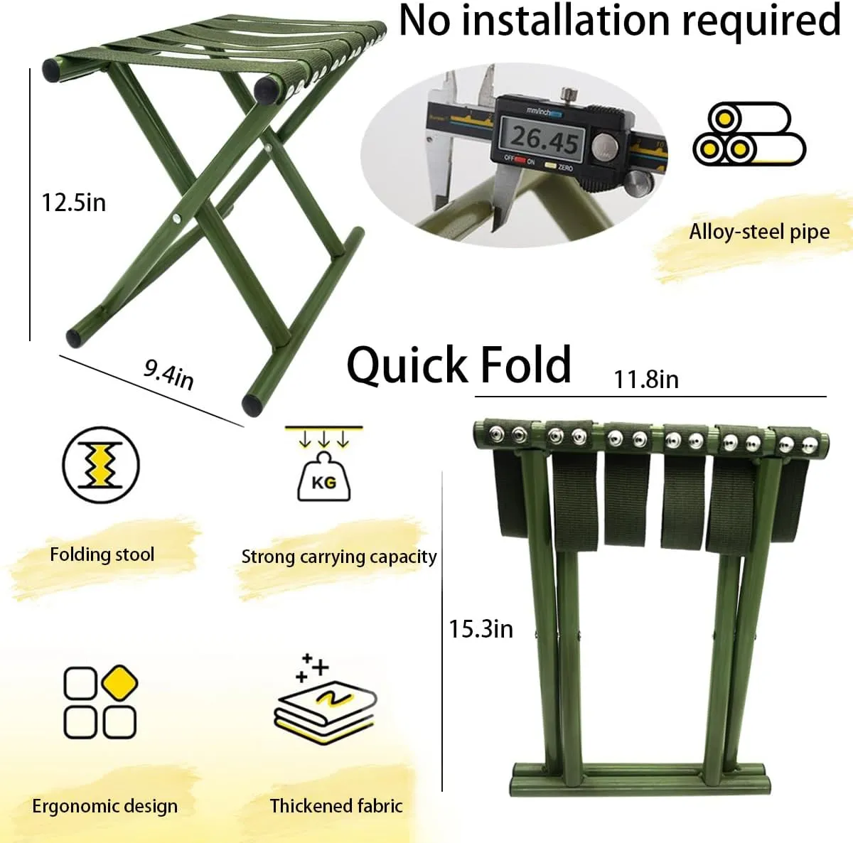 Foldable Stool Outdoorsteel Barbecue Portable Camping Height Lightweight Steel Foldable Chair for Outdoor Camping Walking Hiking Fishing Quick Folding (Atrovirens)