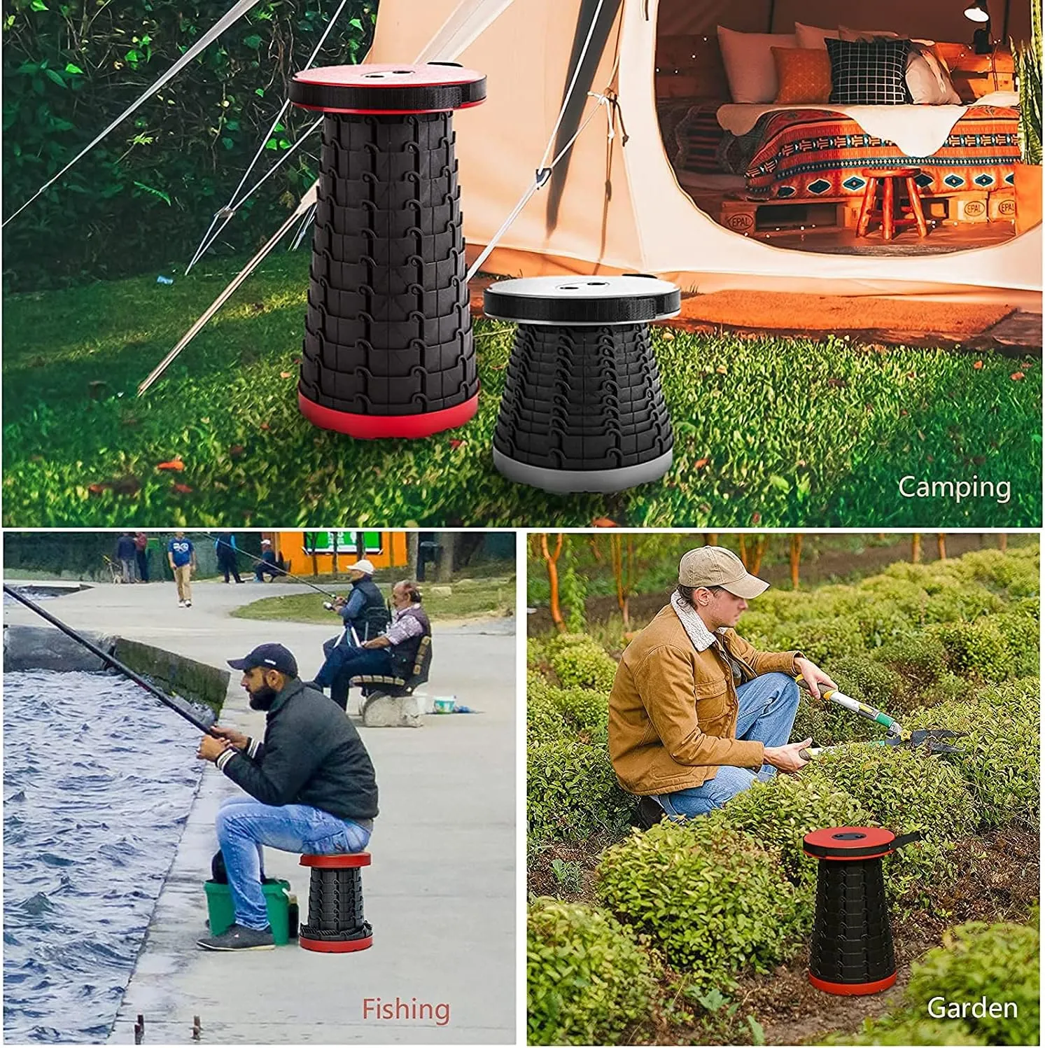 Folding Adjustable Camping Stool, Portable Telescoping Folding Stool with Backpack Pad, Upgraded Collapsible and Retractable Chair with Max Load Capacity 400lbs (Black)