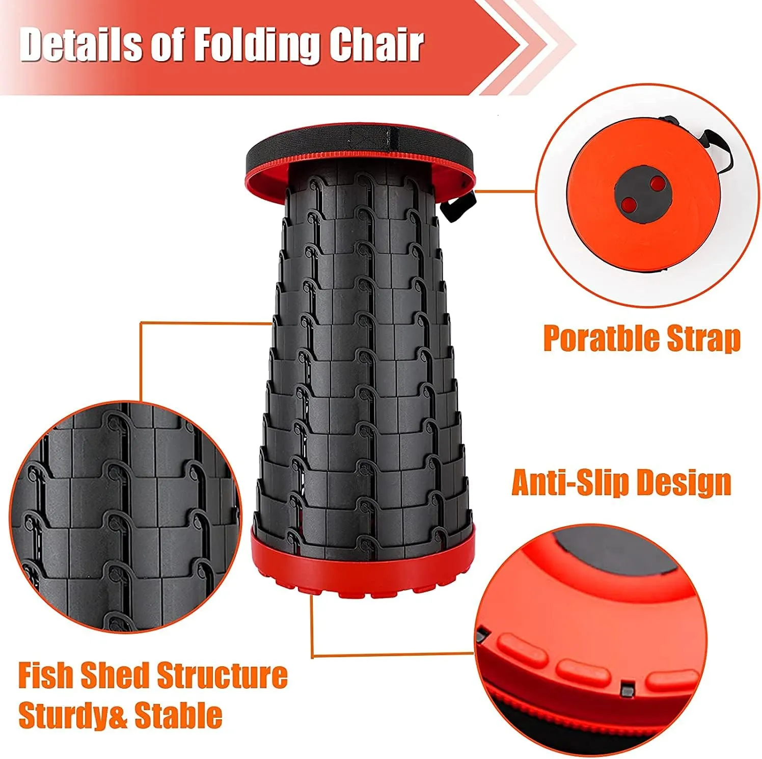 Folding Adjustable Camping Stool, Portable Telescoping Folding Stool with Backpack Pad, Upgraded Collapsible and Retractable Chair with Max Load Capacity 400lbs (Black)