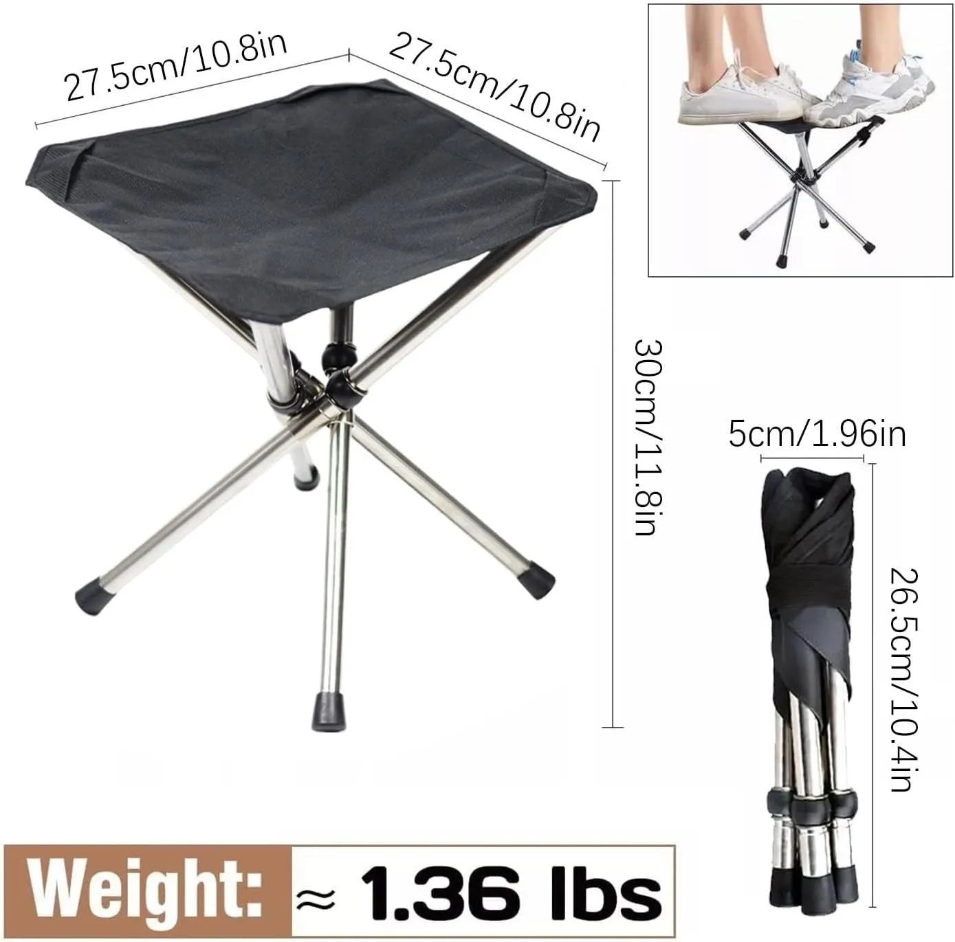 Folding Camping Stool, Portable Outdoor Chair, 27.5inch Stainless Steel Bracket, Compact Design, Lightweight Fishing Seat for Outdoor Gardening & Fishing Use