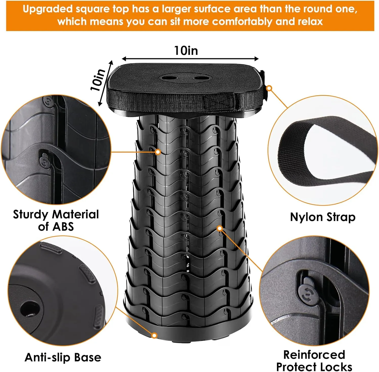 Folding Camping Stool - Square Collapsible Portable Seat with Elastic Cushion & Adjustable Nylon Bag, Sturdy Lightweight Telescoping Design, Max Load 485lb