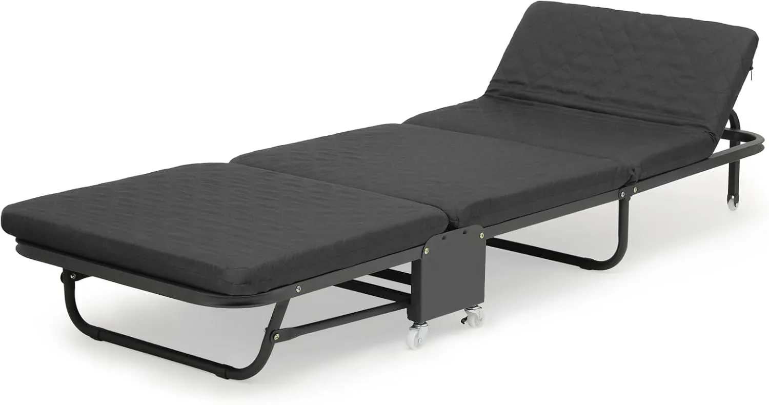 Folding Cot Rollaway Office Sleeping Bed Adjustable Backrest Recliner w/Mattress (Black)