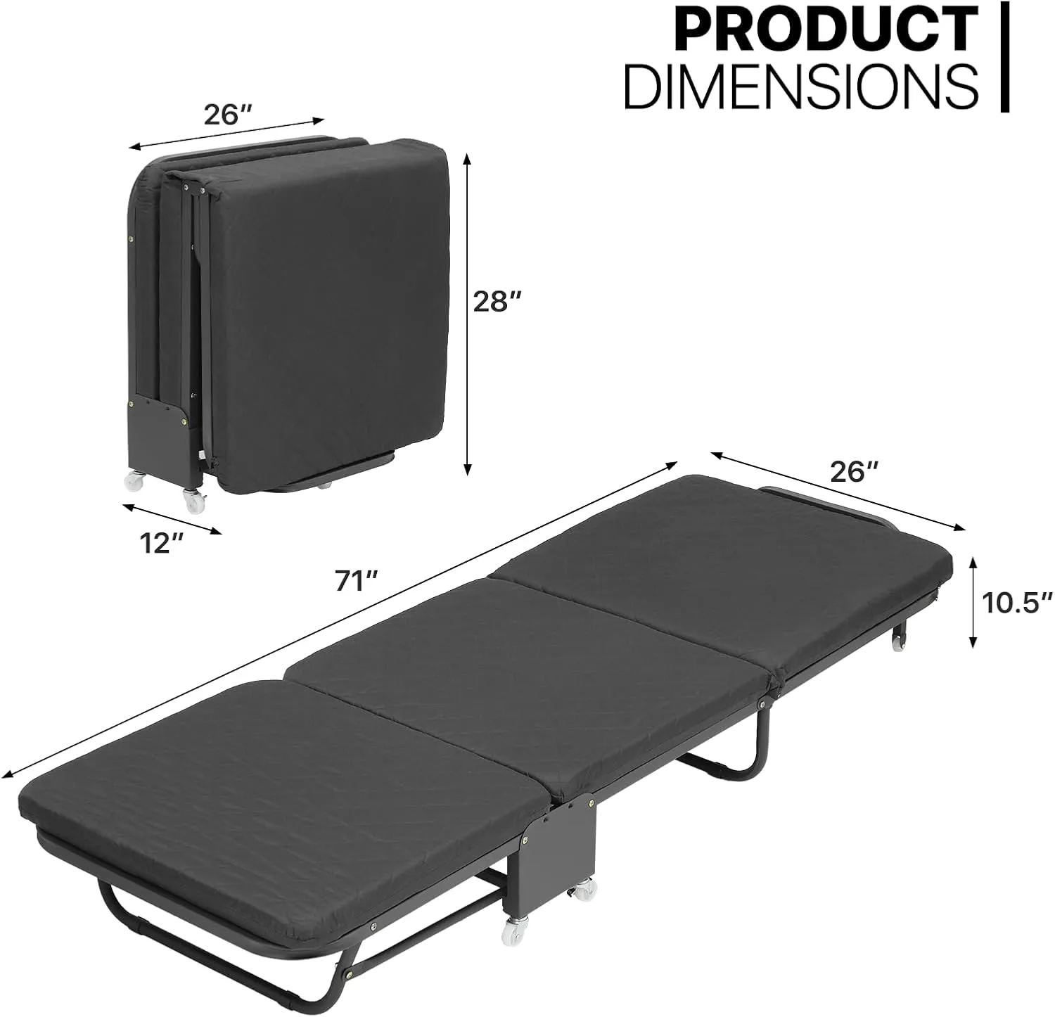 Folding Cot Rollaway Office Sleeping Bed Adjustable Backrest Recliner w/Mattress (Black)