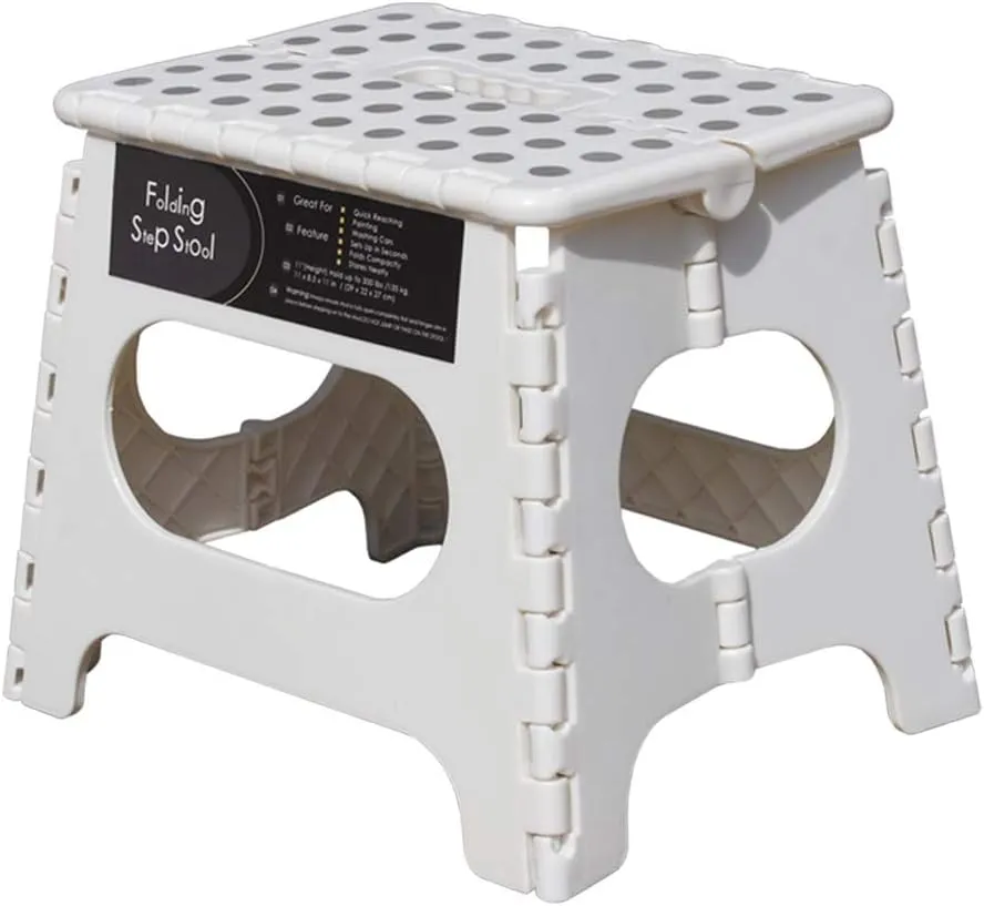 Folding Step Stool -11" Height - Holds up 300 Lbs Lightweight Foldable Stepping Stool is Sturdy Enough to Support & Safe Enough for Adult. Skid Resistant and Open with one flip (White/Grey dots)