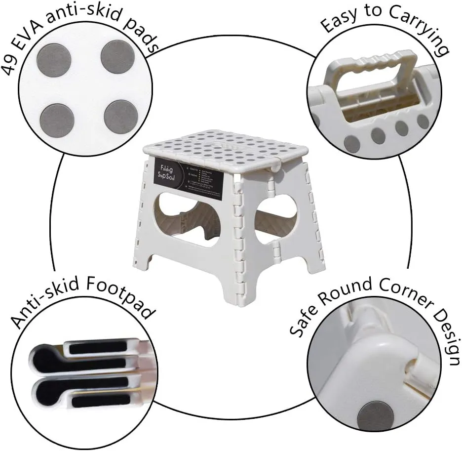 Folding Step Stool -11" Height - Holds up 300 Lbs Lightweight Foldable Stepping Stool is Sturdy Enough to Support & Safe Enough for Adult. Skid Resistant and Open with one flip (White/Grey dots)