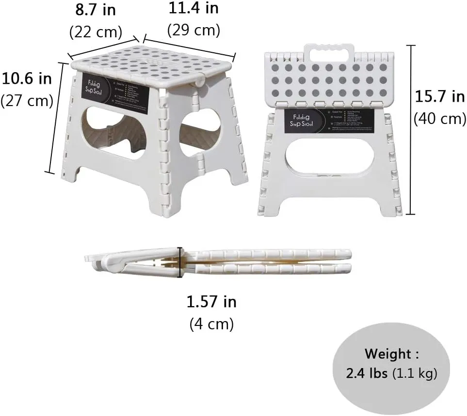 Folding Step Stool -11" Height - Holds up 300 Lbs Lightweight Foldable Stepping Stool is Sturdy Enough to Support & Safe Enough for Adult. Skid Resistant and Open with one flip (White/Grey dots)
