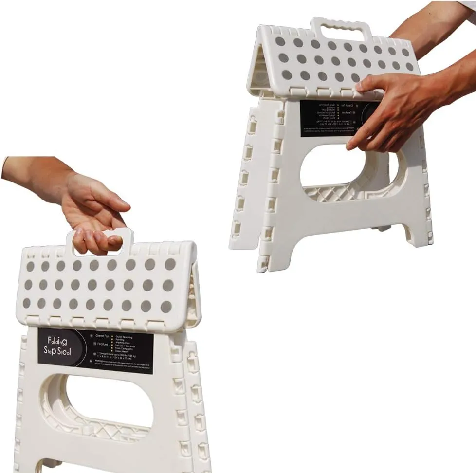 Folding Step Stool -11" Height - Holds up 300 Lbs Lightweight Foldable Stepping Stool is Sturdy Enough to Support & Safe Enough for Adult. Skid Resistant and Open with one flip (White/Grey dots)