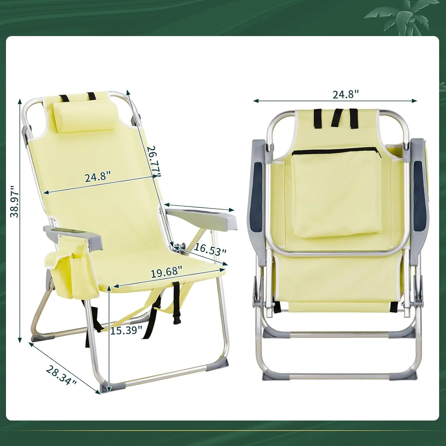 Folding Tall Backpack Beach Chair with 5 Positions, Towel bar, Storage Pouch, Cup Holder,Folding Beach Camping Chair (Yellow)