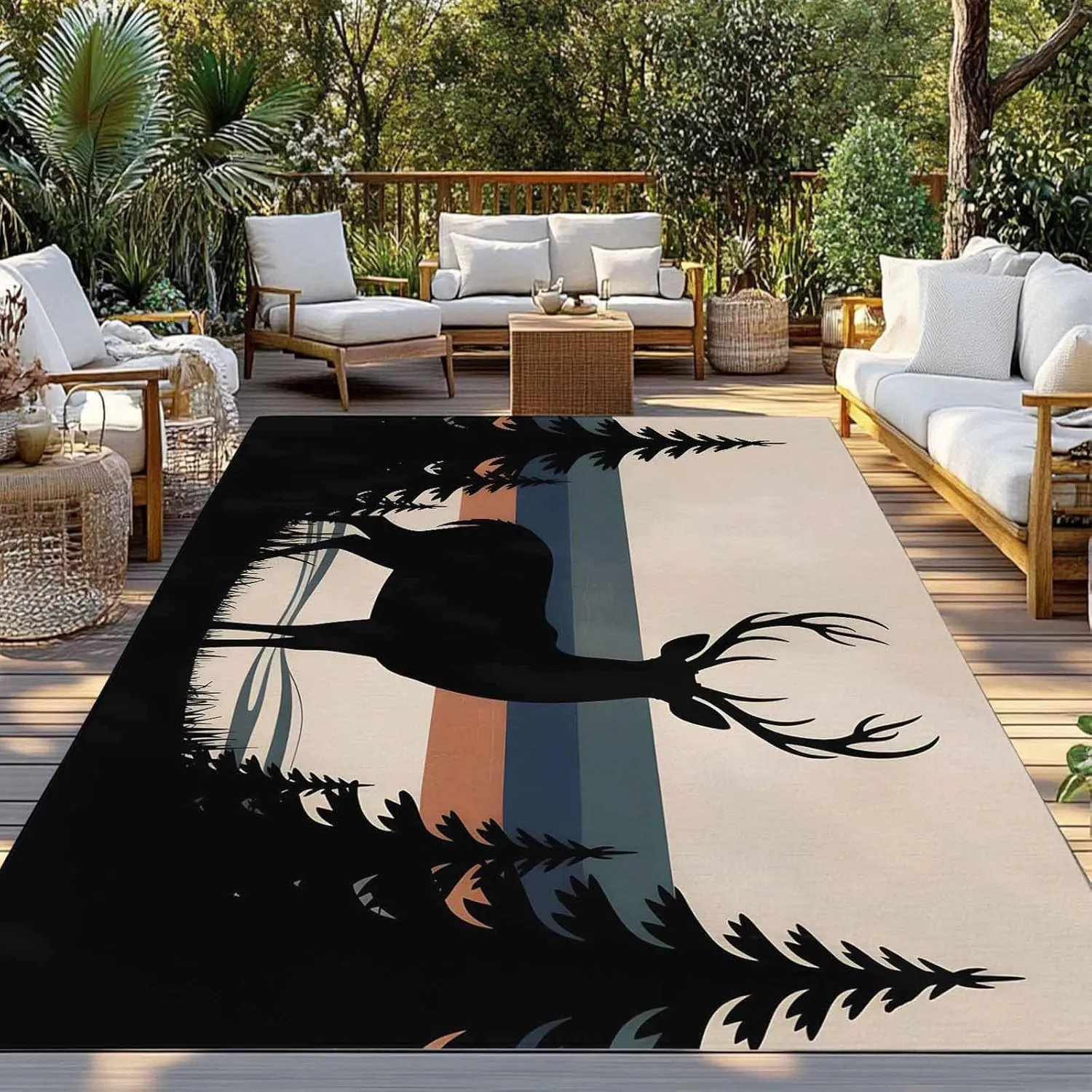 Forest Elk Outdoor Rug 4x6ft Large Patio Rug,Washable RV Camping Outside Area Runner Rug Mat,Animal Antlers Silhouette Tree Stripes Indoor Outdoor Carpet for Picnic Backyard Deck Porch Balcony Beach