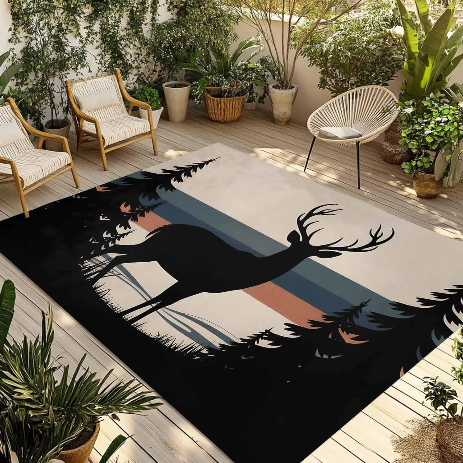 Forest Elk Outdoor Rug 4x6ft Large Patio Rug,Washable RV Camping Outside Area Runner Rug Mat,Animal Antlers Silhouette Tree Stripes Indoor Outdoor Carpet for Picnic Backyard Deck Porch Balcony Beach