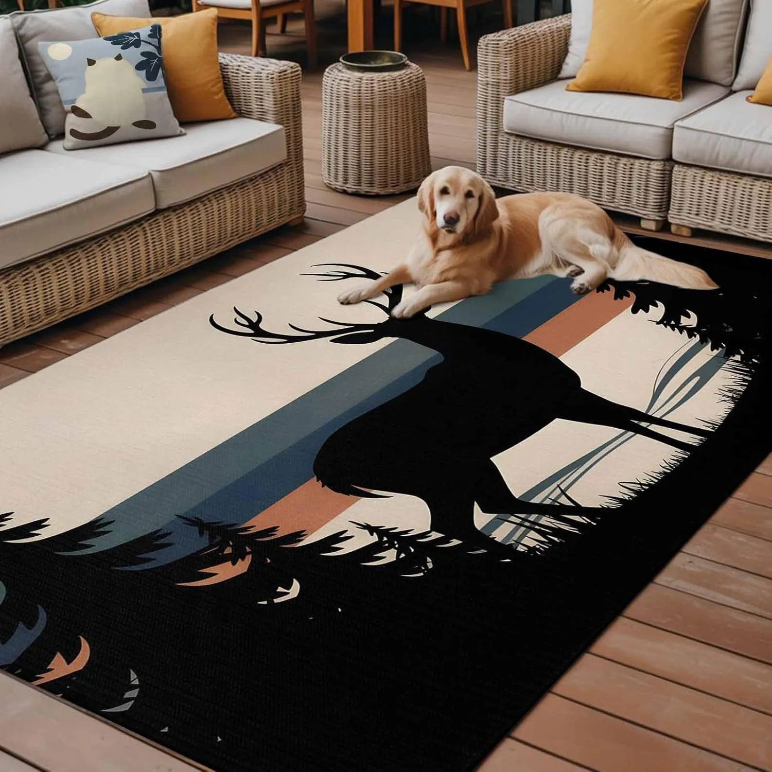 Forest Elk Outdoor Rug 4x6ft Large Patio Rug,Washable RV Camping Outside Area Runner Rug Mat,Animal Antlers Silhouette Tree Stripes Indoor Outdoor Carpet for Picnic Backyard Deck Porch Balcony Beach