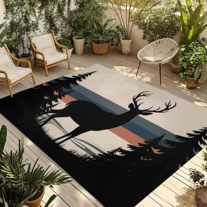 Forest Elk Outdoor Rug 4x6ft Large Patio Rug,Washable RV Camping Outside Area Runner Rug Mat,Animal Antlers Silhouette Tree Stripes Indoor Outdoor Carpet for Picnic Backyard Deck Porch Balcony Beach