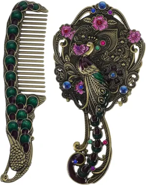 FRCOLOR 1 Set European Retro Peacock Makeup Mirror and Small Comb Set Vintage Design Travel Mirror for Women Compact High Definition Surface Unique Present Choice for Personal Use