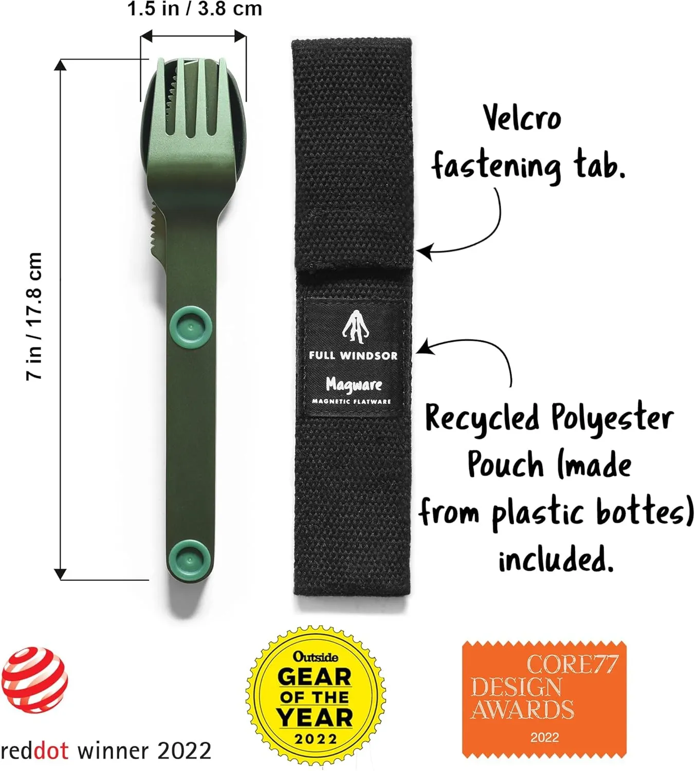 FULL WINDSOR - MAGWARE Magnetic Camping Cutlery Set - Travel Utensils for Camping, Cooking, and Outdoor Dining - Knife, Fork & Spoon - Portable Silverware with Pouch - Green (3 PCS)