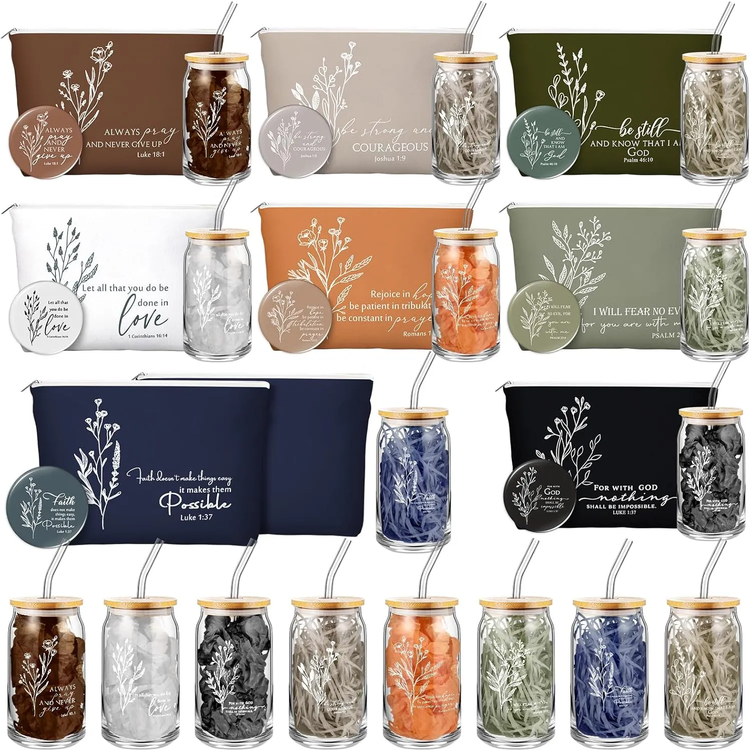 Fumete Christian Gift for Women Sunday School Teacher Flower Makeup Bag Graduation Bible Verse Glass Coffee Cup with Bamboo Lid Straw Mini Compact Mirror Religious Scripture Church(Bible-c,8 Sets)