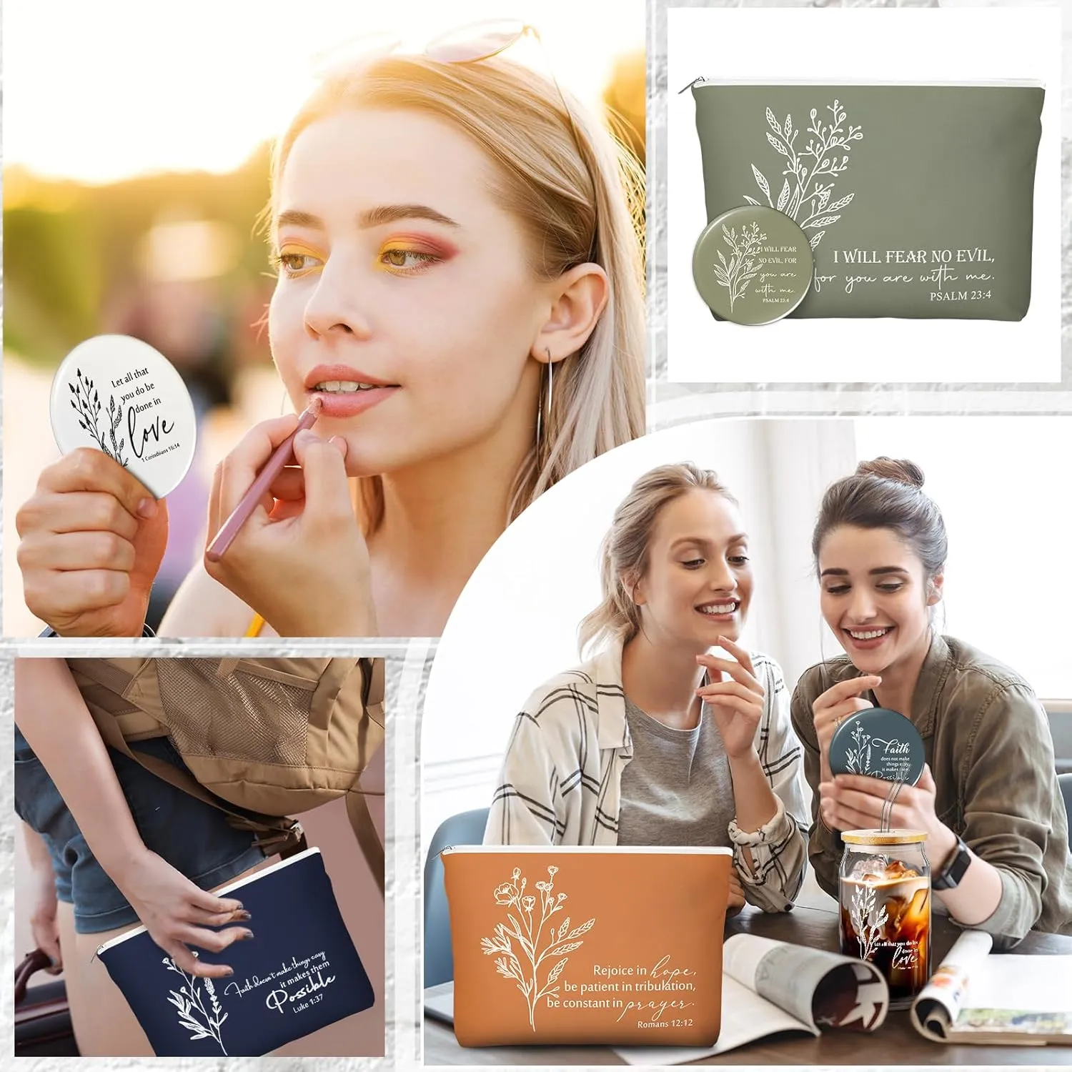 Fumete Christian Gift for Women Sunday School Teacher Flower Makeup Bag Graduation Bible Verse Glass Coffee Cup with Bamboo Lid Straw Mini Compact Mirror Religious Scripture Church(Bible-c,8 Sets)