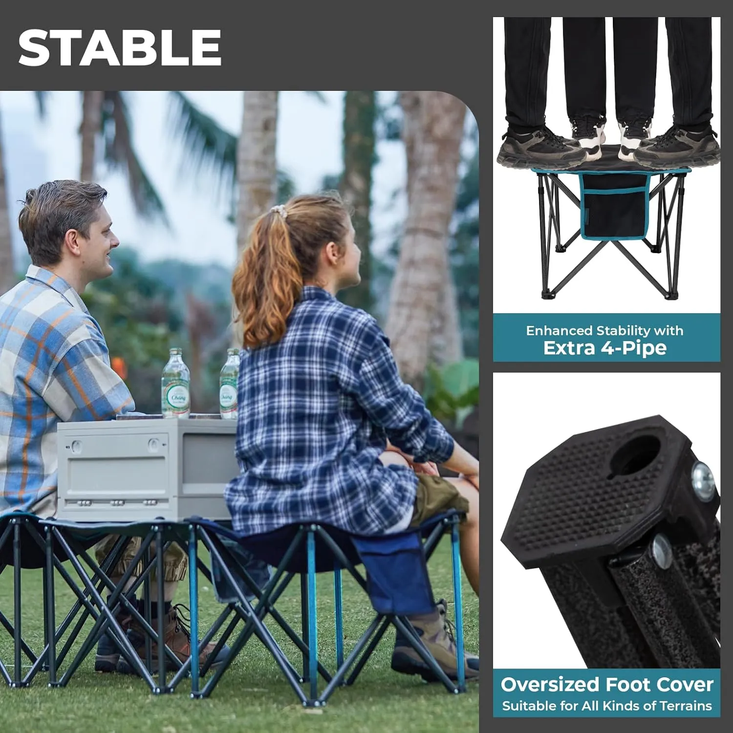 FUNDANGO Folding Camping Stool, 2 Pack 18.1 Inch Oversized Foot Rest 400 Lbs Heavy Duty Portable Padded Stools Seat Anti-Slip Foots & Carry Strap for Fishing Outdoor Lawn Travel (Black)