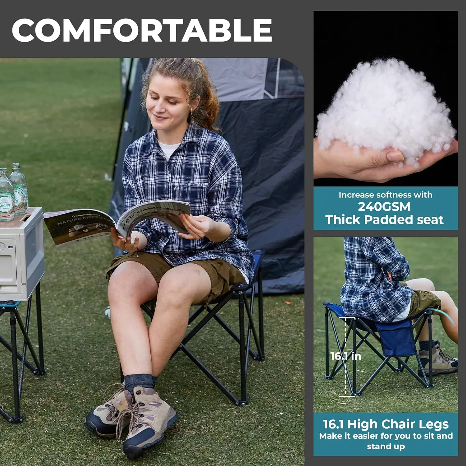 FUNDANGO Folding Camping Stool, 2 Pack 18.1 Inch Oversized Foot Rest 400 Lbs Heavy Duty Portable Padded Stools Seat Anti-Slip Foots & Carry Strap for Fishing Outdoor Lawn Travel (Black)