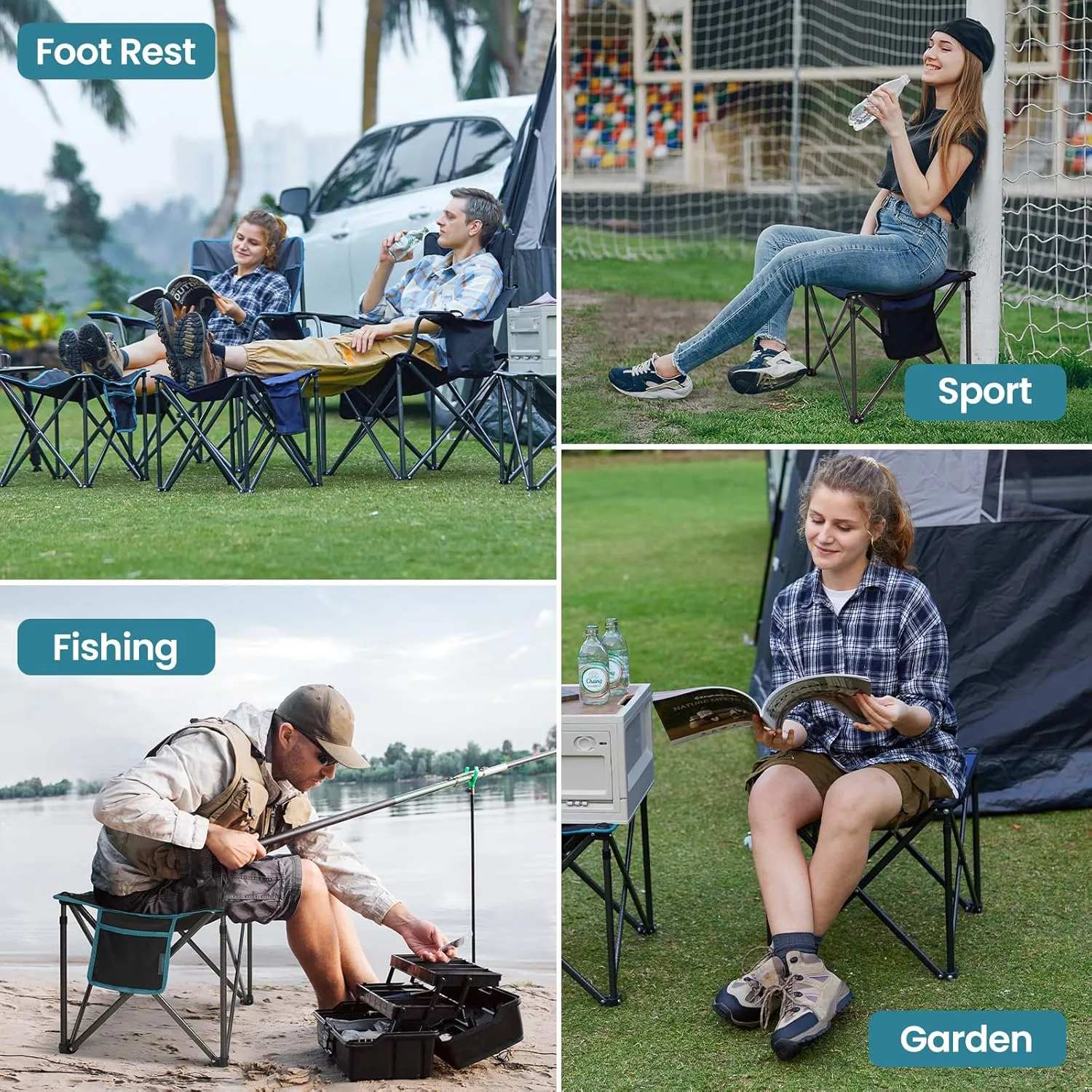 FUNDANGO Folding Camping Stool, 2 Pack 18.1 Inch Oversized Foot Stools 400 Lbs Heavy Duty Portable Padded Seat Anti-Slip Foots & Carry Bag for Fishing Outdoor Lawn Travel (Black)