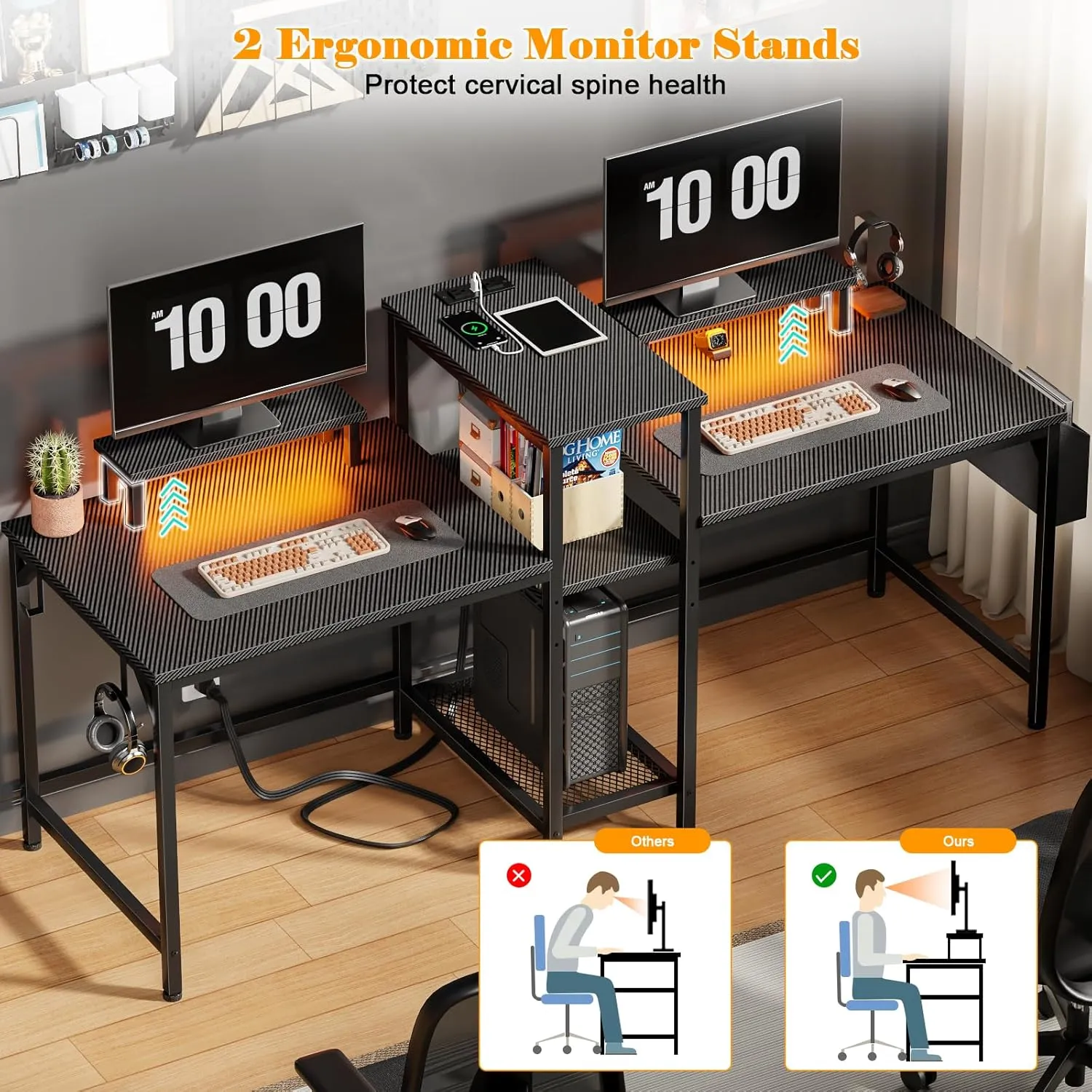 Furologee 2 Person Gaming Desk with LED Lights, 71 Inch Computer Desk with Power Outlets and Monitor Stand, Double Desk with Storage Bag and Headphone Hooks, Study Writing Table for Home Office, Black