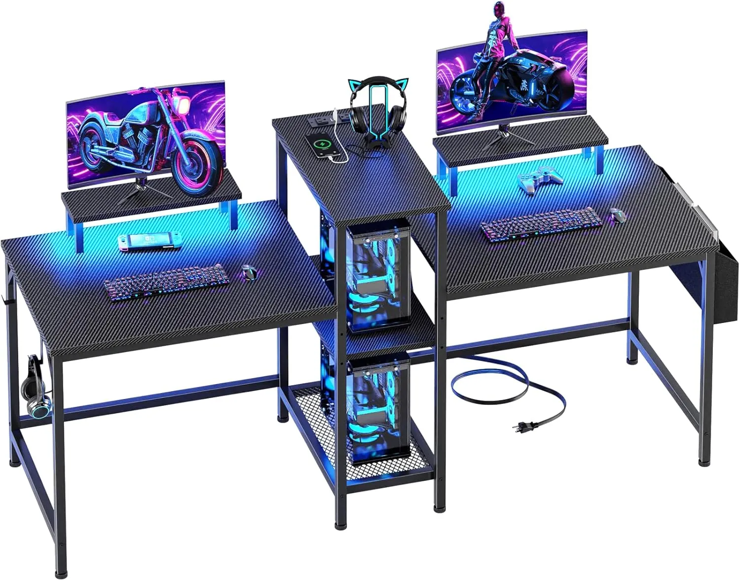 Furologee 2 Person Gaming Desk with LED Lights, 71 Inch Computer Desk with Power Outlets and Monitor Stand, Double Desk with Storage Bag and Headphone Hooks, Study Writing Table for Home Office, Black