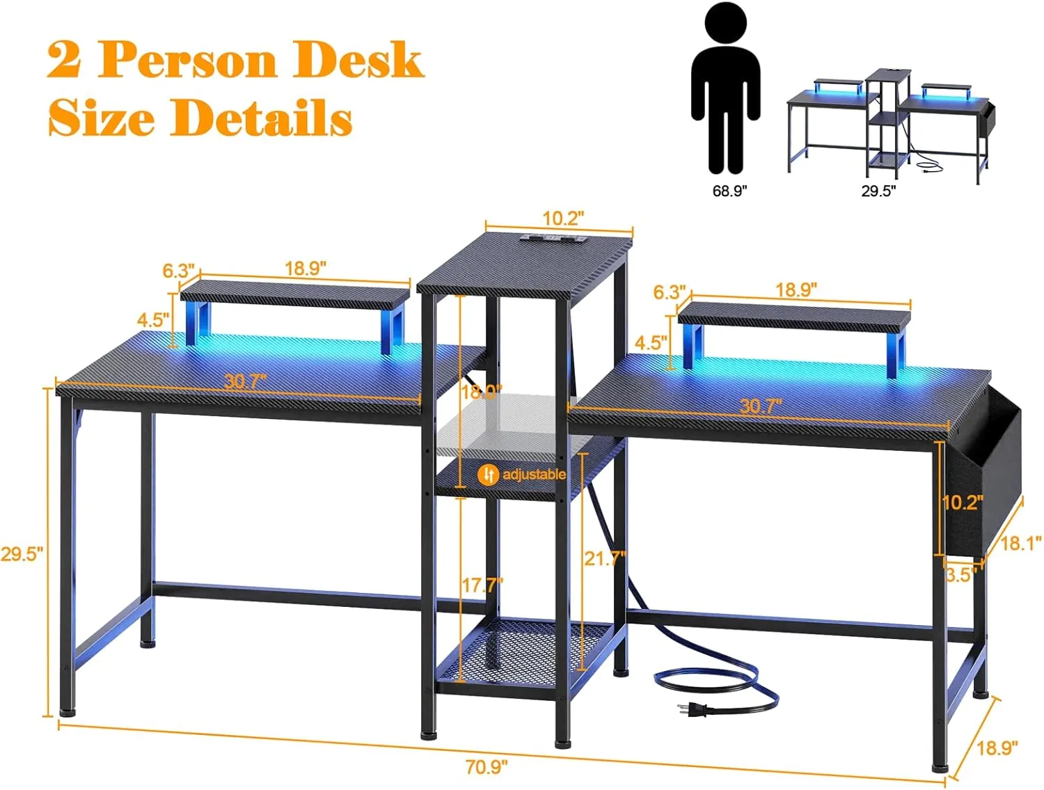 Furologee 2 Person Gaming Desk with LED Lights, 71 Inch Computer Desk with Power Outlets and Monitor Stand, Double Desk with Storage Bag and Headphone Hooks, Study Writing Table for Home Office, Black