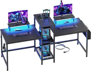 Furologee 2 Person Gaming Desk with LED Lights, 71 Inch Computer Desk with Power Outlets and Monitor Stand, Double Desk with Storage Bag and Headphone Hooks, Study Writing Table for Home Office, Black