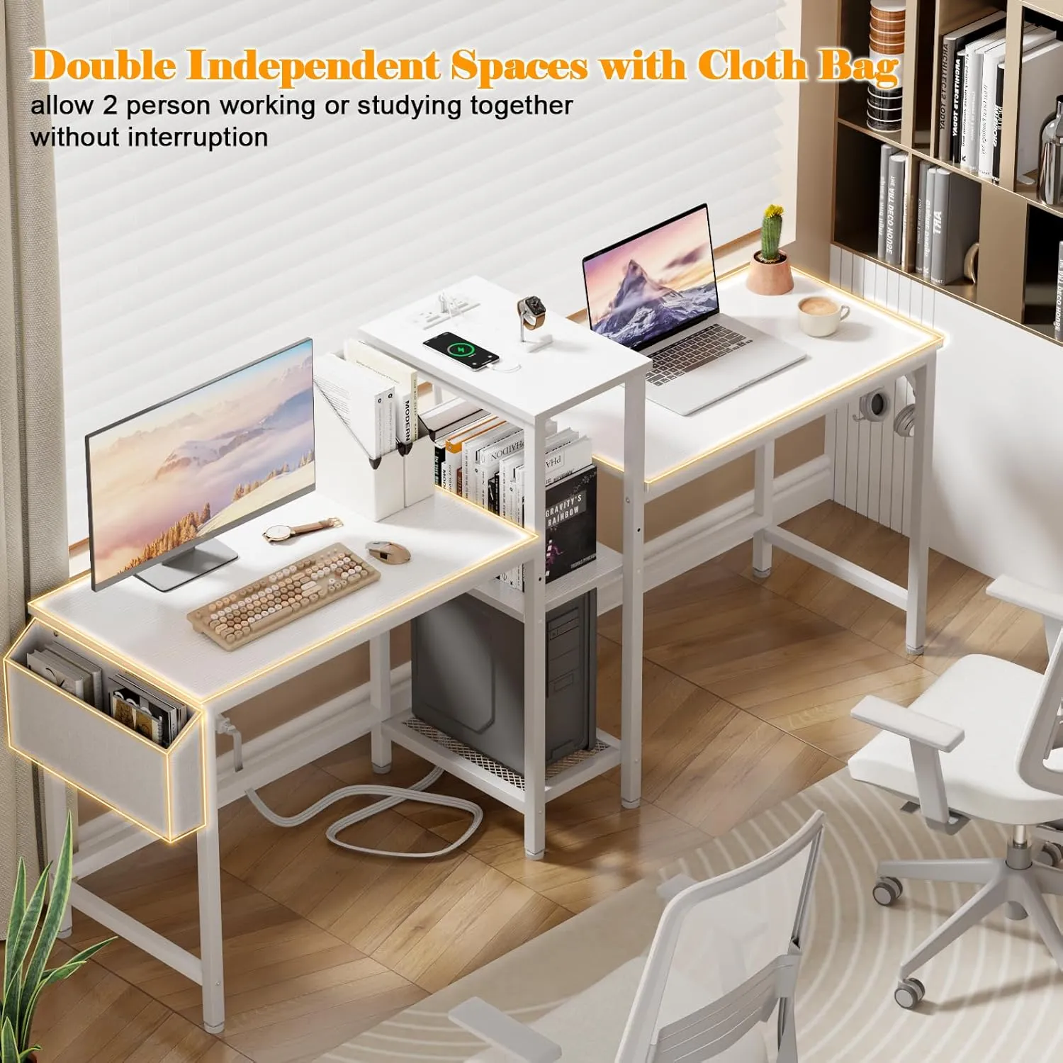 Furologee Double Desk with Power Outlets, 71 Inch Computer Desk with Storage Bag and Headphone Hooks, Gaming Desk Study Writing Table for Home Office, White