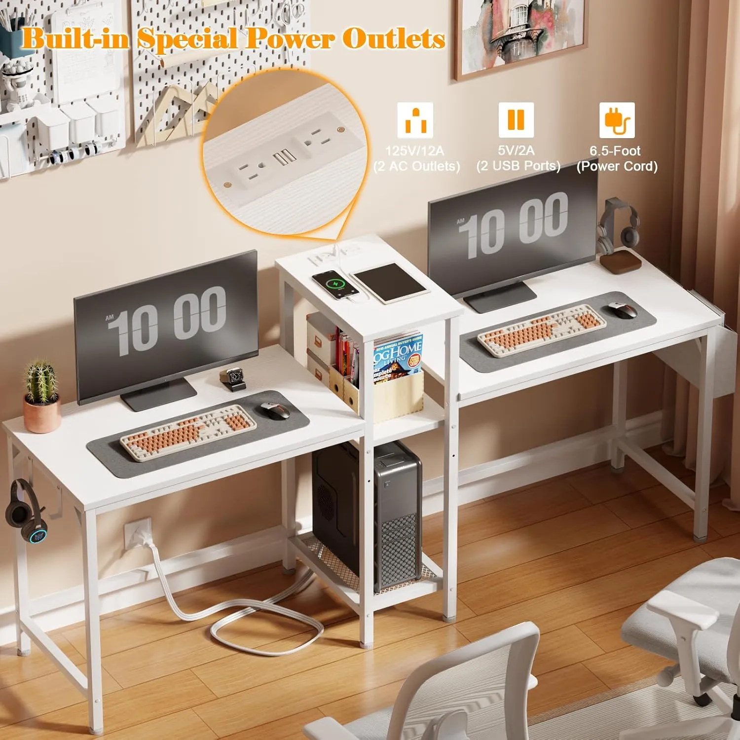 Furologee Double Desk with Power Outlets, 71 Inch Computer Desk with Storage Bag and Headphone Hooks, Gaming Desk Study Writing Table for Home Office, White