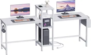 Furologee Double Desk with Power Outlets, 71 Inch Computer Desk with Storage Bag and Headphone Hooks, Gaming Desk Study Writing Table for Home Office, White