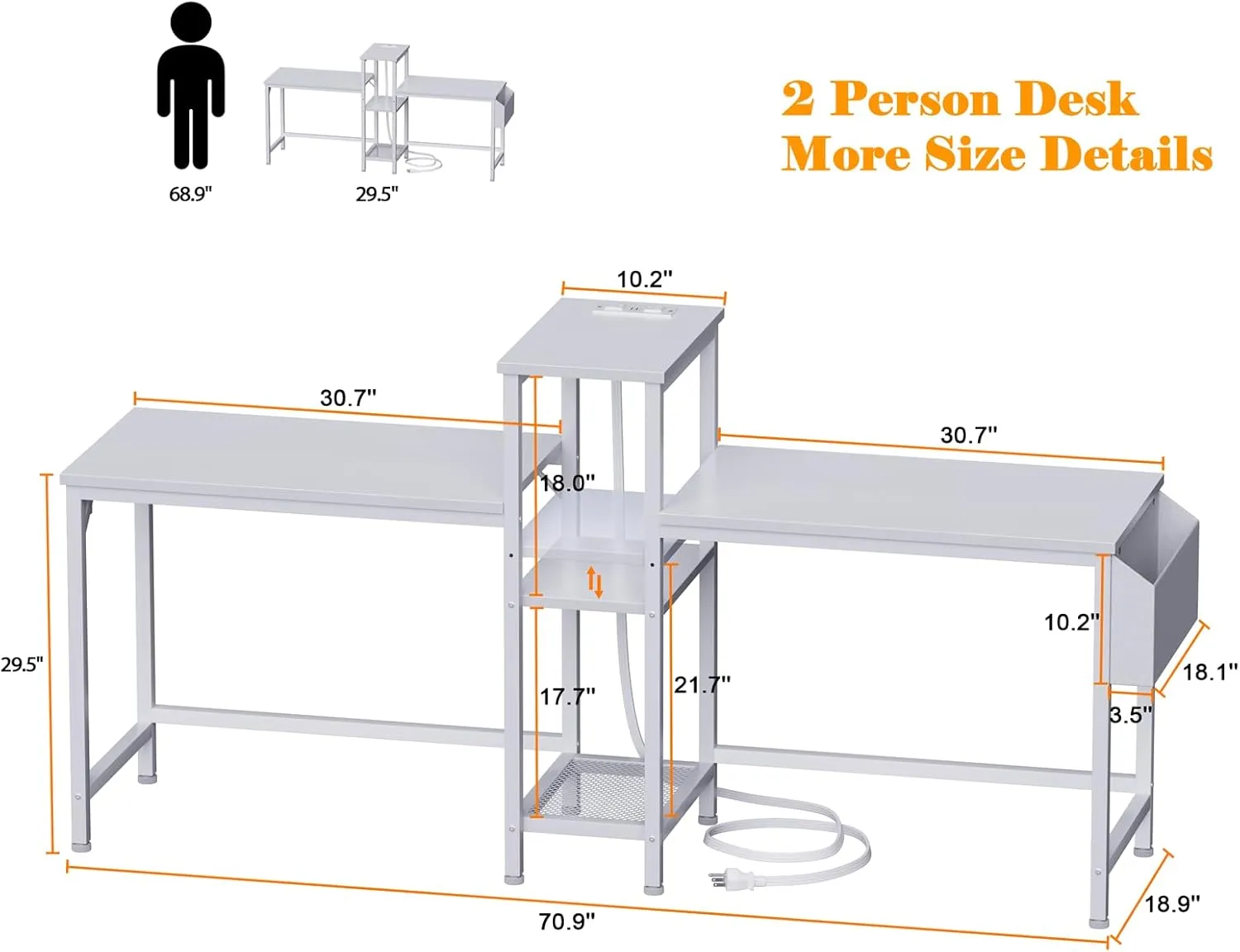 Furologee Double Desk with Power Outlets, 71 Inch Computer Desk with Storage Bag and Headphone Hooks, Gaming Desk Study Writing Table for Home Office, White
